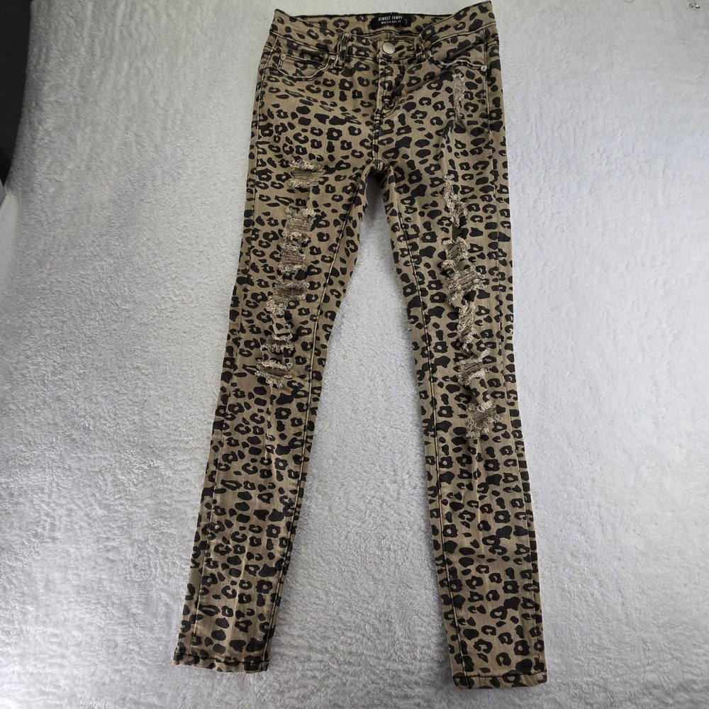 Almost Famous Leopard Print Distressed Skinny Jeans Mid Rise Roll‎ Up Size 3